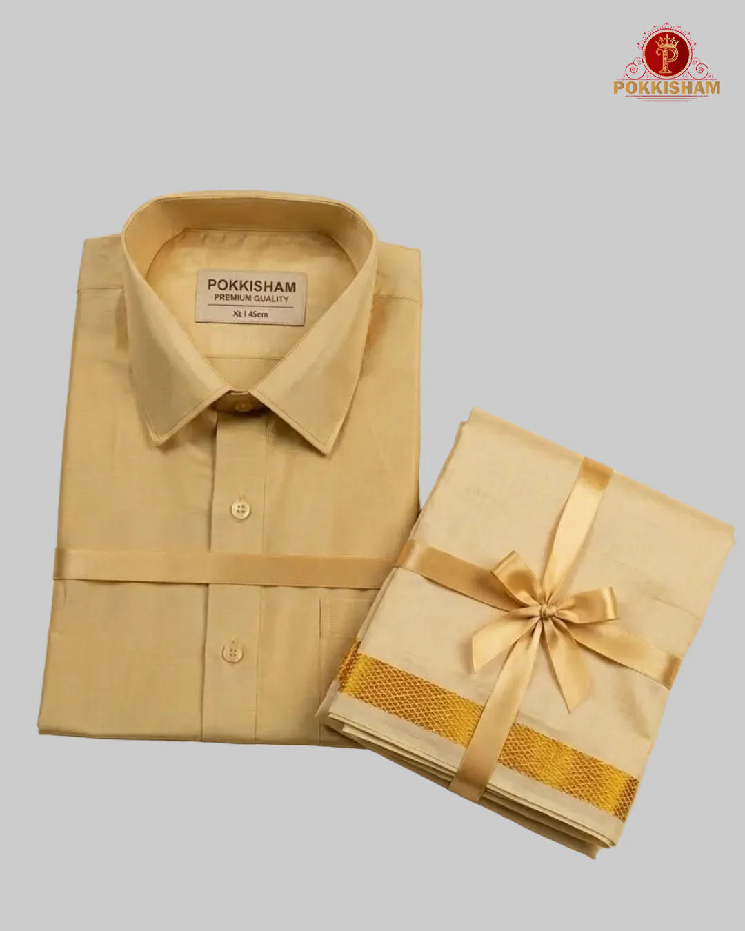 Wedding Silk Dhoti Set with Gold Zari  -  Biscut