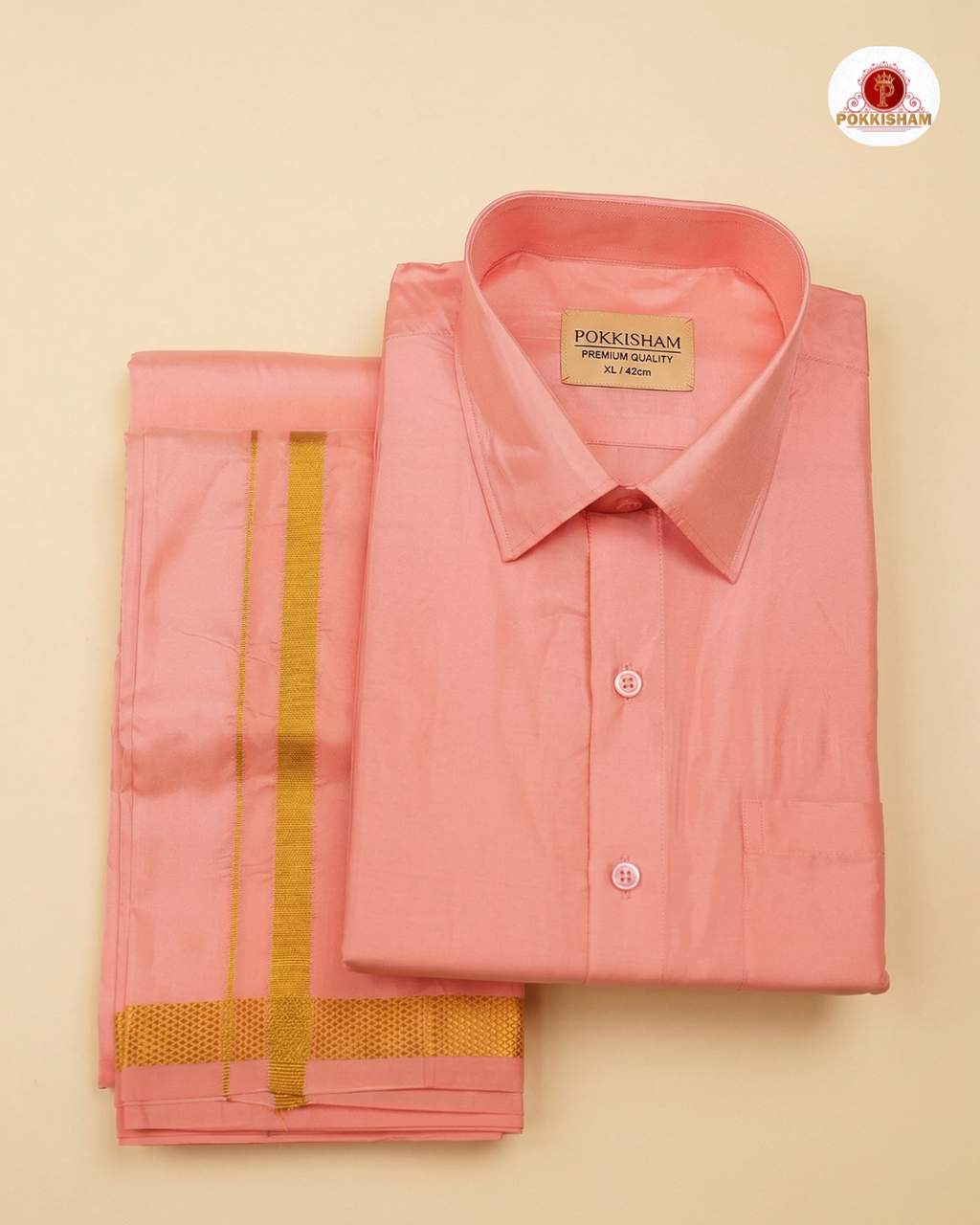 Art Silk Dhoti Set with Gold Zari - Pinkish Peach