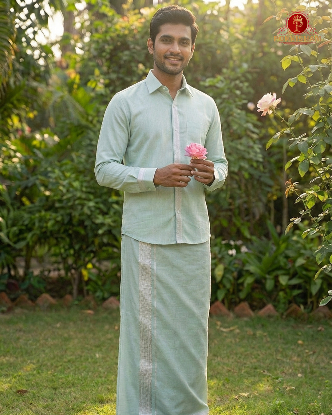 Classic Look Mens  Royal Tissue  shirt and Dhotis- ice Bule