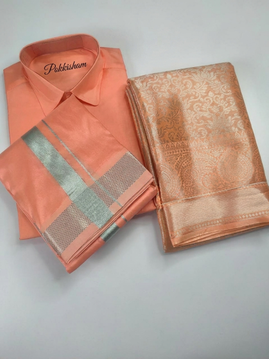 Premium Silk Couple Combo Set with Colour Zari - Pinkish Peach