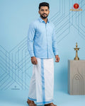 Premium Classic Men's Cotton Shirt And Dhoti Set -Sky Blue