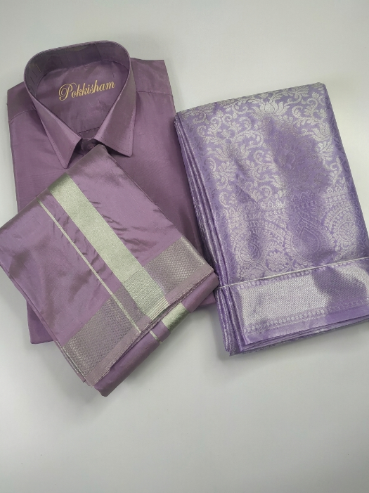 Premium Silk Couple Combo Set with Colour Zari - Dark Lavender