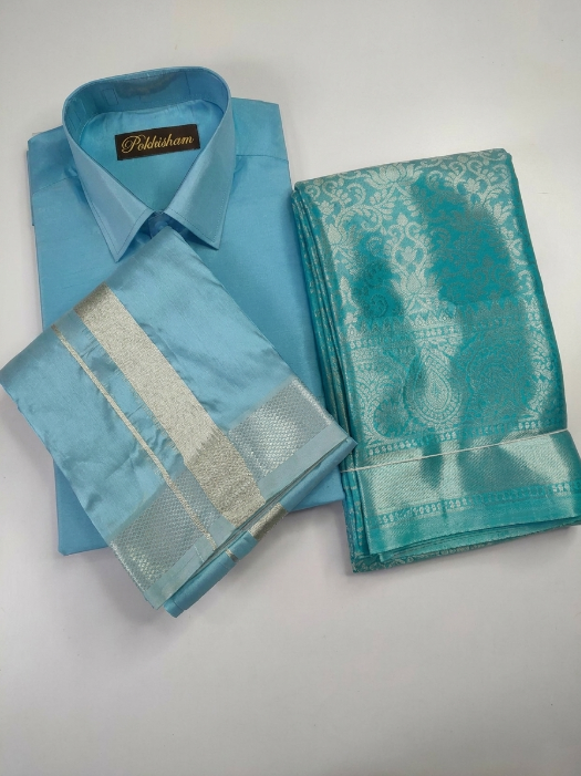 Premium Silk Couple Combo Set with Colour Zari - Blue