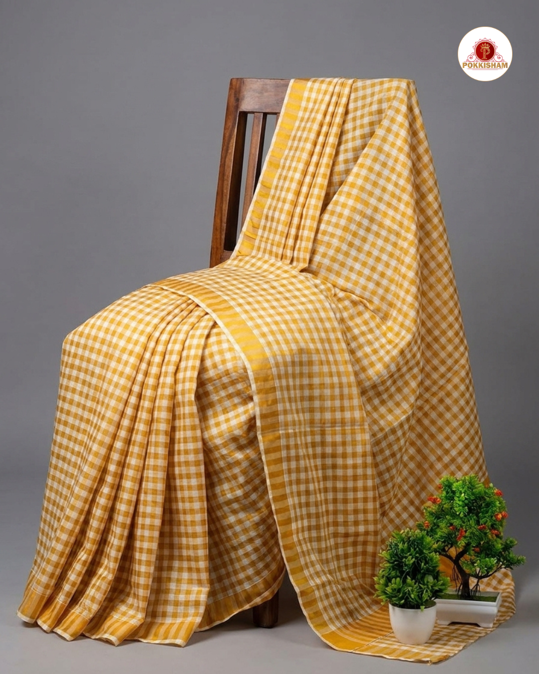 Kerala Checked Cotton Saree with gold