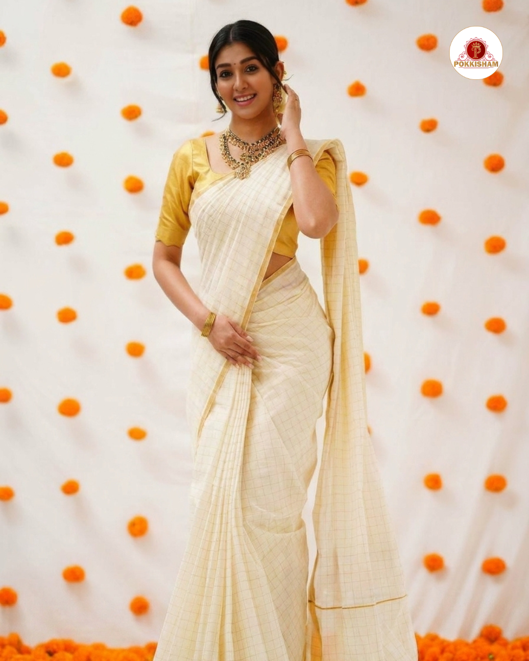 Kerala Checked Cotton Saree With gold