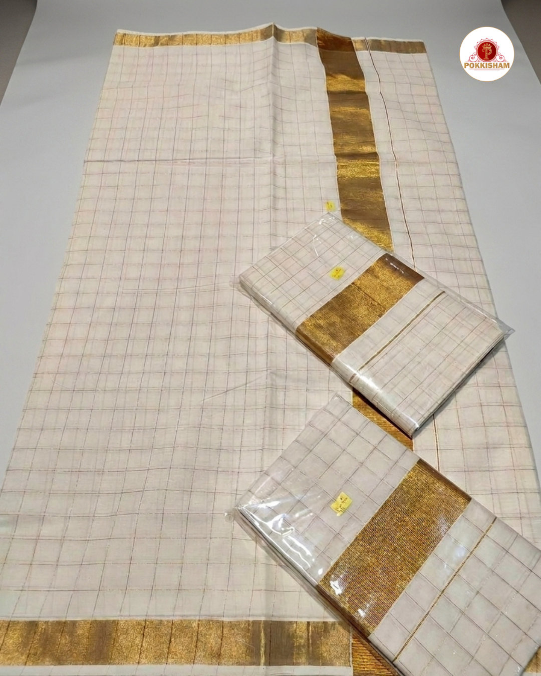 Kerala Checked Cotton Saree With gold