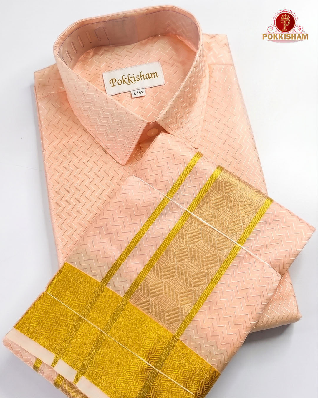 Laxury Wedding Embossed Men's Dhoti Set - Peach