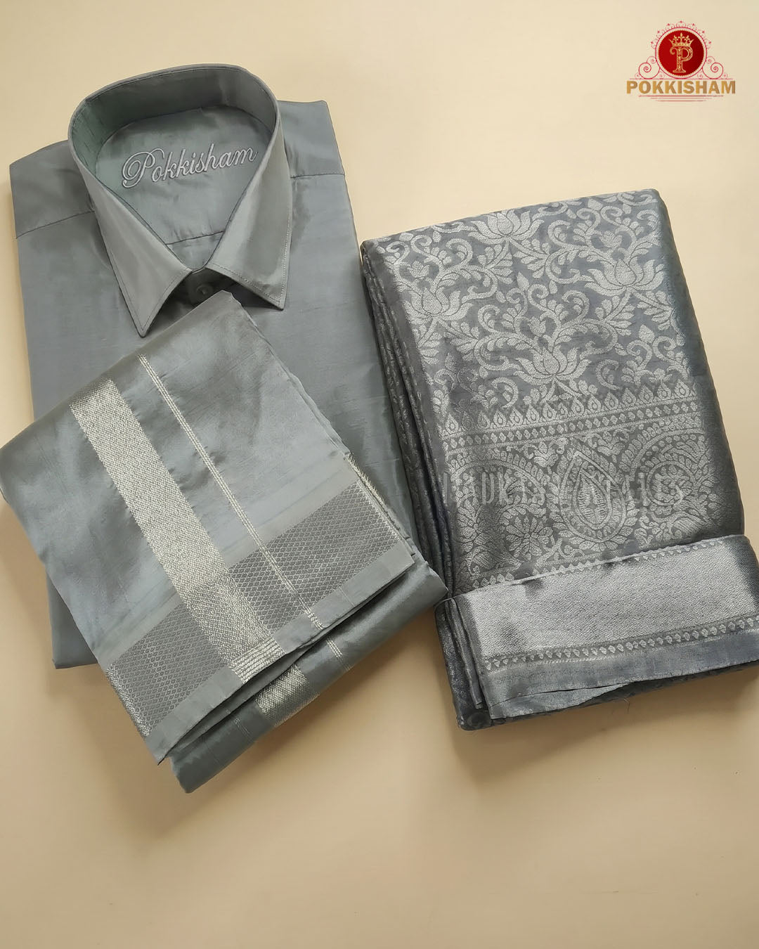 Premium Silk Couple Combo Set with Colour Zari - Steel Grey
