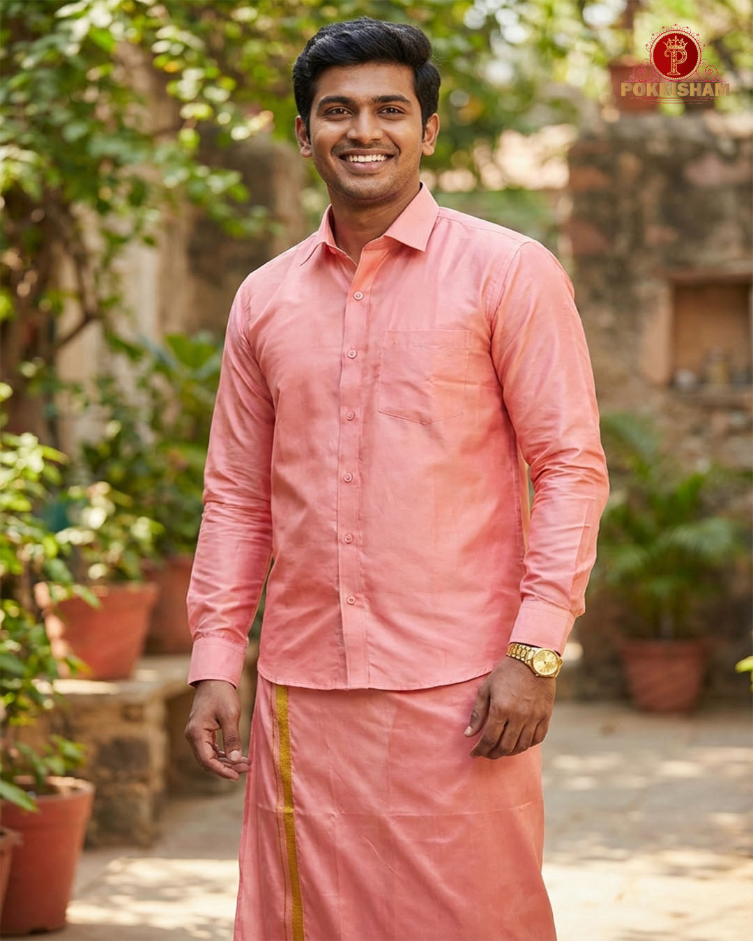 Art Silk Dhoti Set with Gold Zari - Pinkish Peach