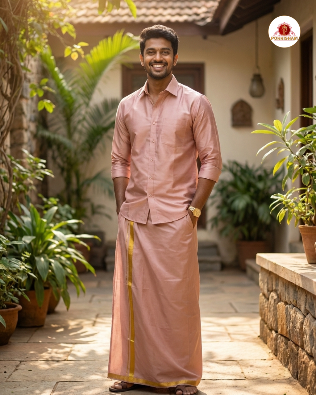 Art Silk Dhoti Set with Gold Zari -   Copper