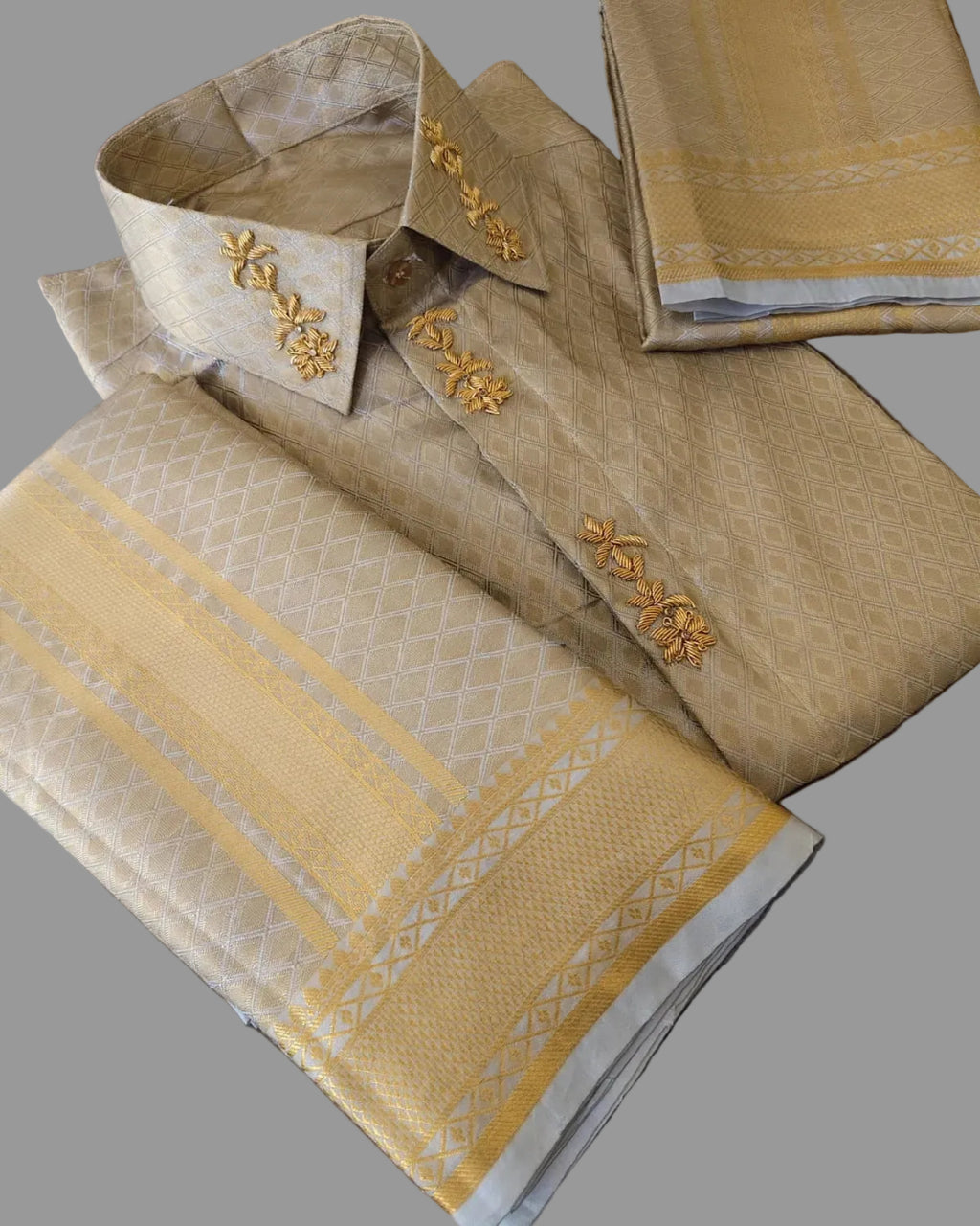 Luxury Aari Work Wedding Silk Dhoti Set - (HandCrafted)