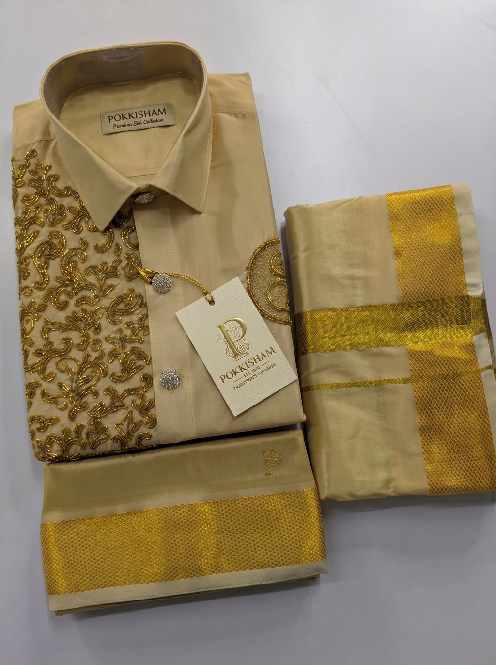 Luxury Aari Work Wedding Silk Dhoti Set - (HandCrafted)