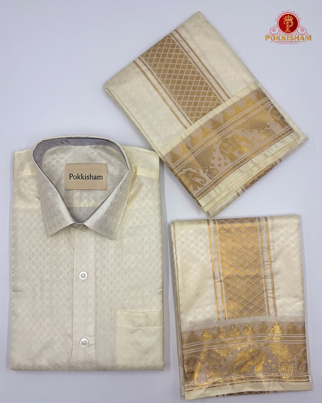 Wedding Pure Silk  Mens shirt and Dhotis Set  -  Cream