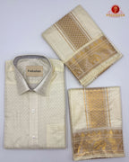 Wedding Pure Silk  Mens shirt and Dhotis Set  -  Cream