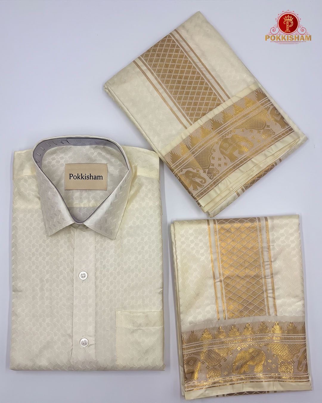Wedding Pure Silk  Mens shirt and Dhotis Set  -  Cream