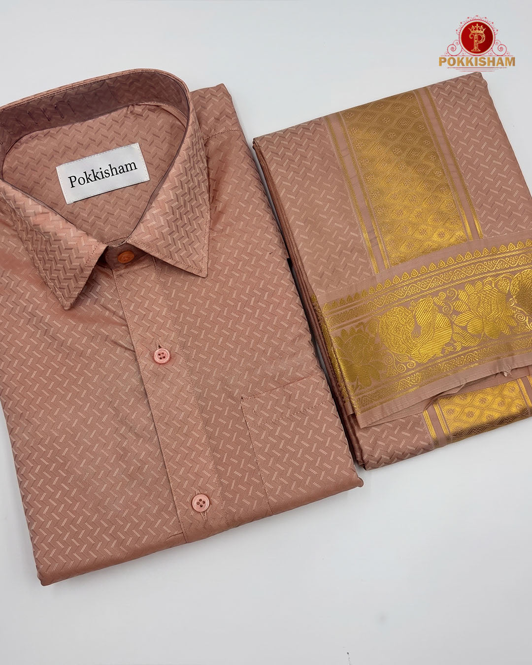 Wedding Pure Silk  Mens shirt and Dhotis Set  -  Copper