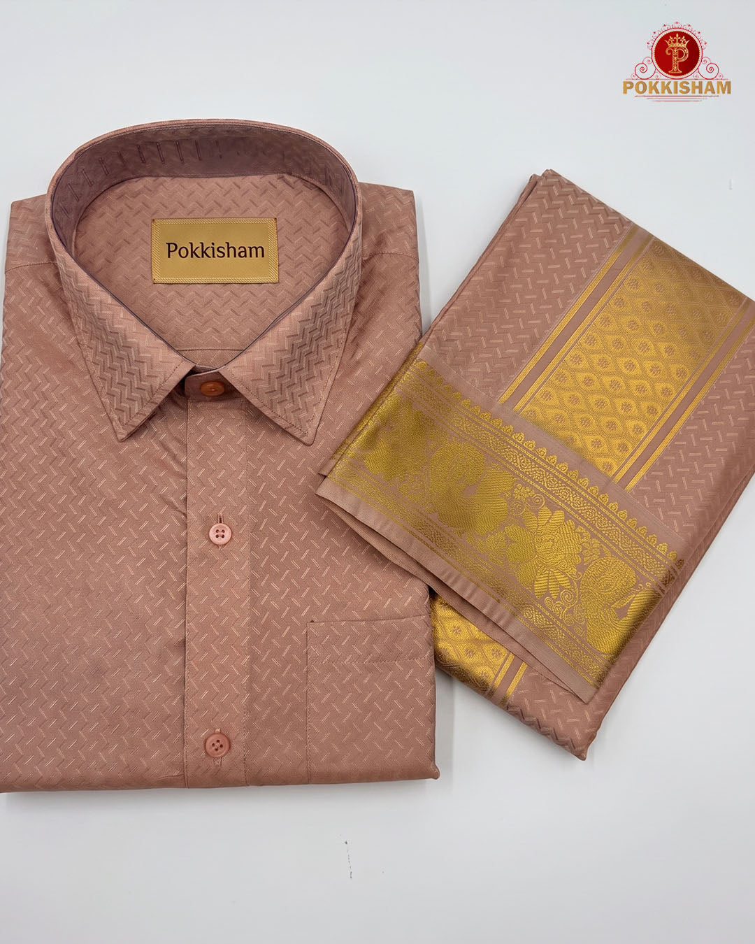 Wedding Pure Silk  Mens shirt and Dhotis Set  -  Copper