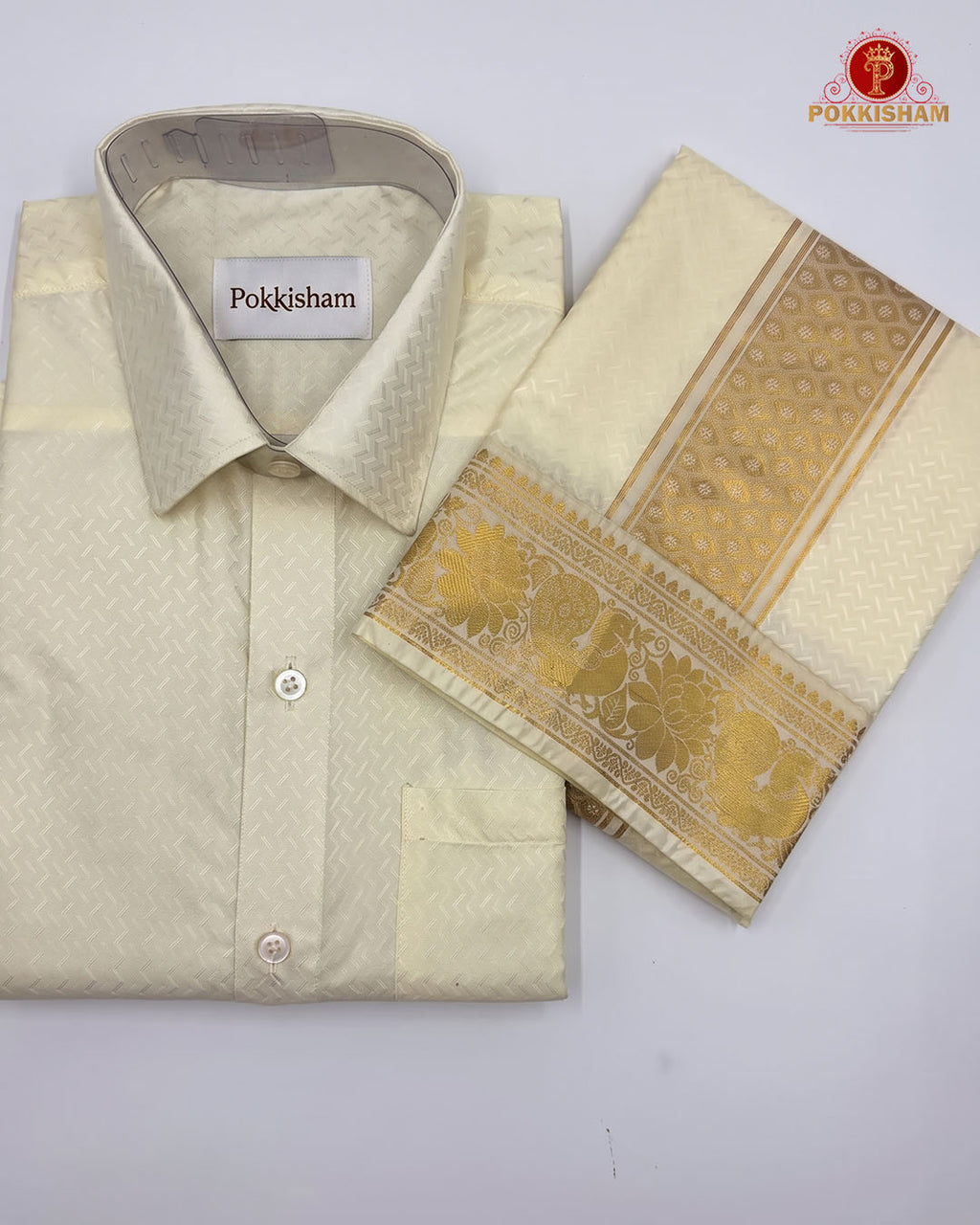 Wedding Pure Silk  Mens shirt and Dhotis Set  -  Cream Colour