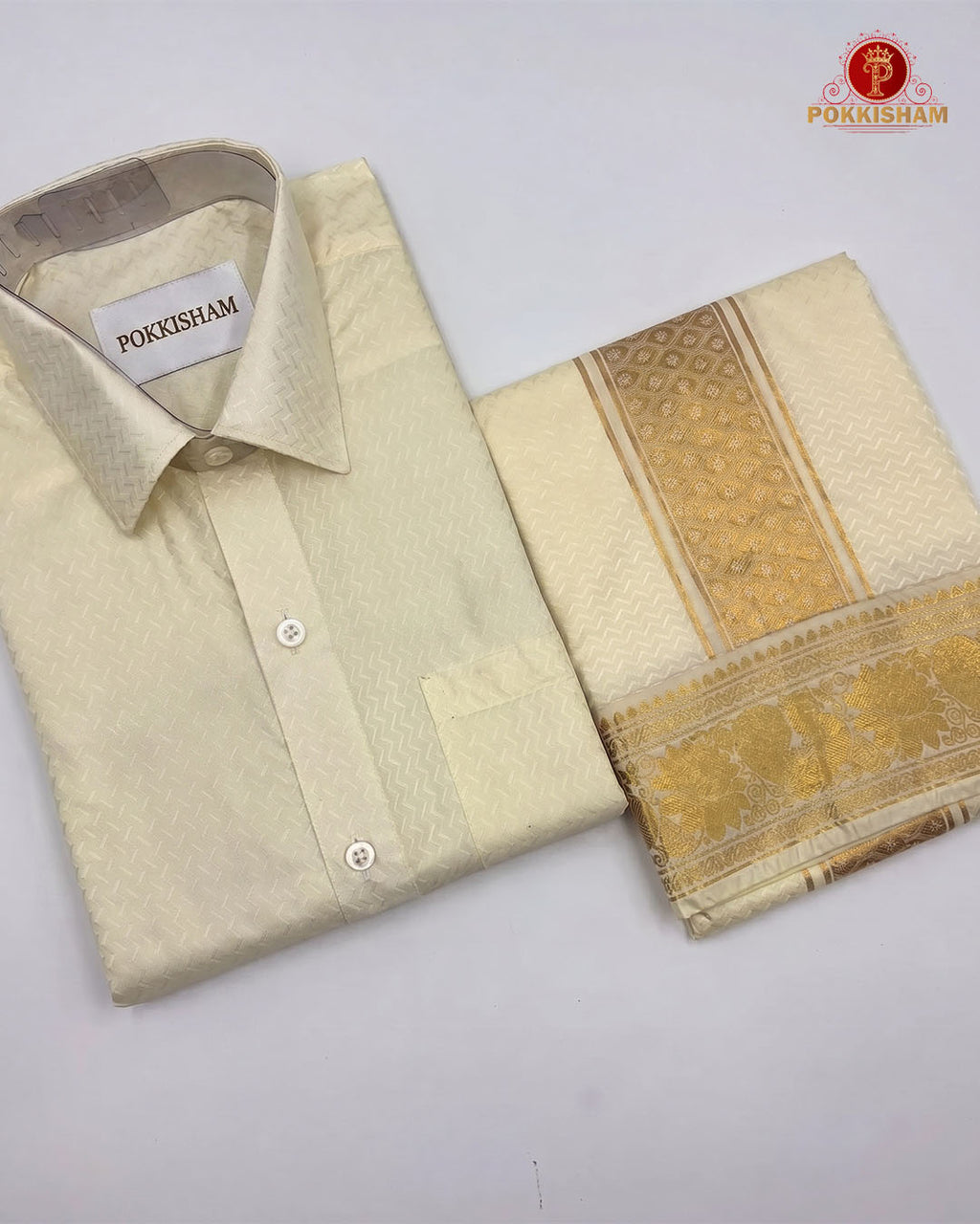 Wedding Pure Silk  Mens shirt and Dhotis Set  -  Cream Colour