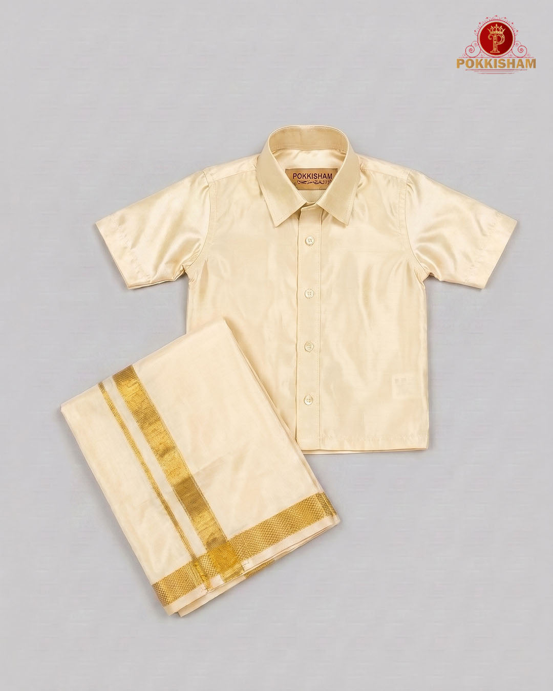 Kids Premium Silk Dhoti Set with Gold Zari -  Sand Stone